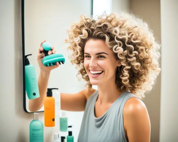 jeune femme souriante aux cheveux bouclés tenant des produits de beauté