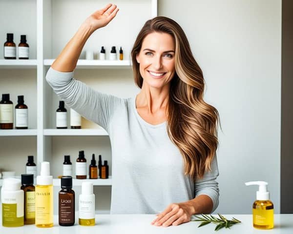 jeune femme souriante levant la main entourée dde flacons d'huile de jojoba
