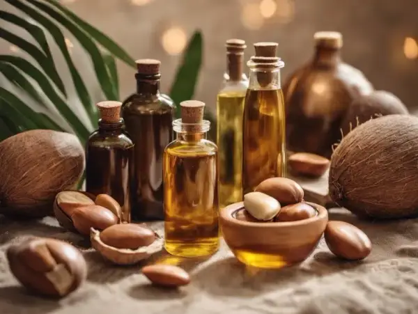 Huiles naturelles dans des flacons en verre avec noix de coco et graines d'argan, idéales pour nourrir et réparer les cheveux secs et abîmés.