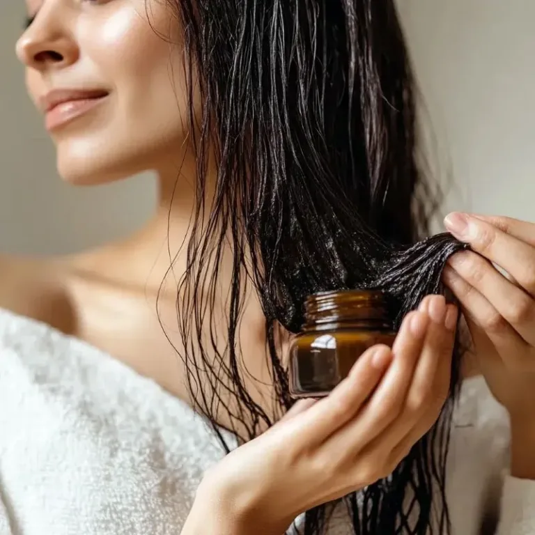 Gros plan sur une femme appliquant un masque capillaire hydratant avec un pot de soin naturel.