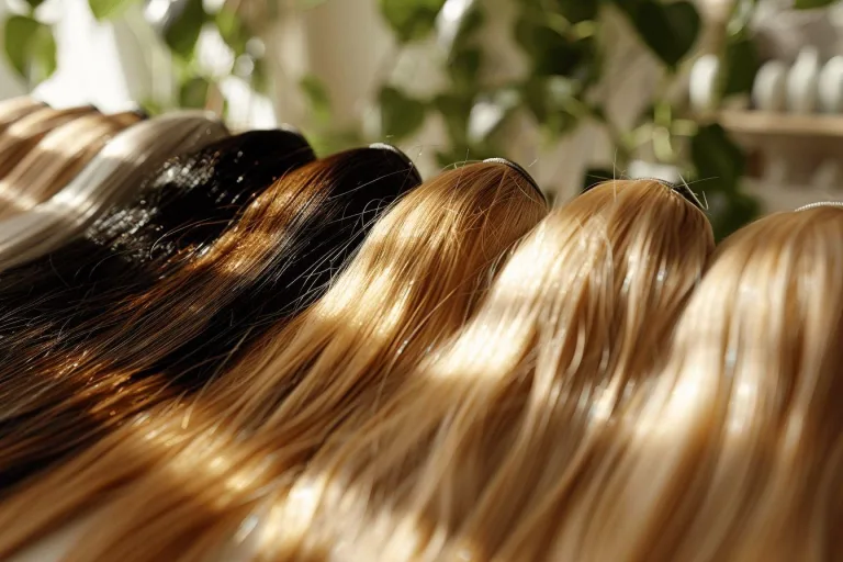 Gros plan de mèches de cheveux blonds, bruns et roux.