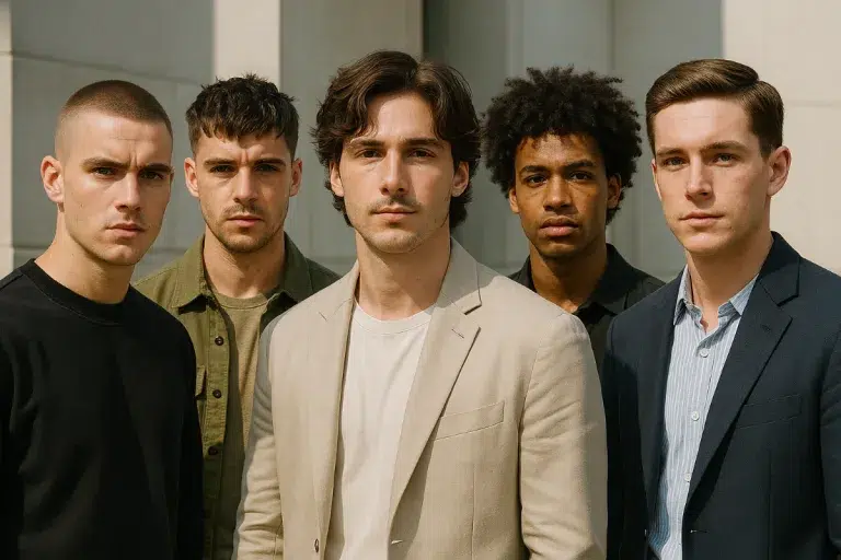 Groupe d’hommes avec différentes coupes de cheveux tendance pour homme en 2025