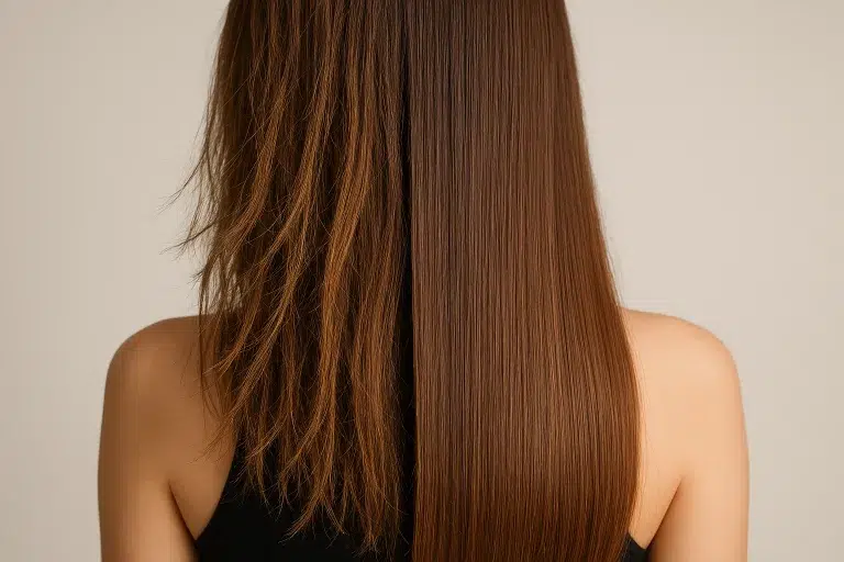 Comparatif avant/après sur des cheveux cassants réparés naturellement