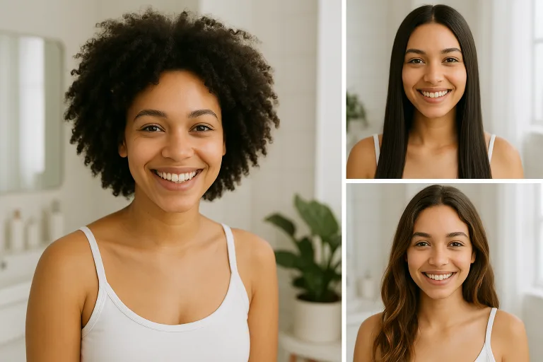 Portraits de femmes avec différents types de cheveux dans une ambiance lumineuse