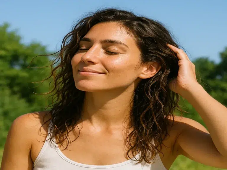 Séchage naturel des cheveux ondulés à l'air libre.