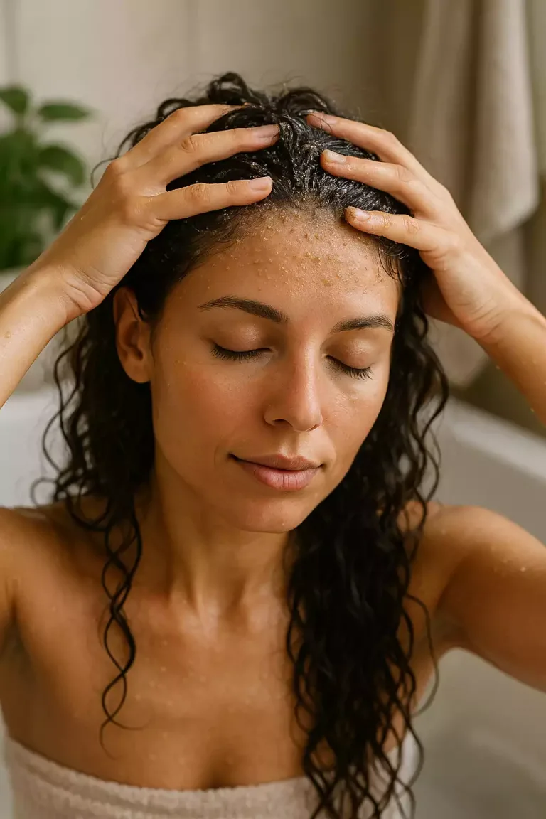 Femme exfoliant son cuir chevelu avec un soin naturel, cheveux mouillés