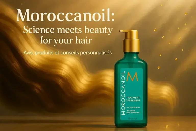 Huile Moroccanoil posée sur fond doré avec cheveux brillants en arrière-plan