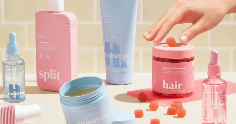 Sélection de produits Hairlust incluant Moisture Hero, Split Fix et Hair Formula Gummies