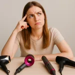 Femme hésitante devant quatre sèche-cheveux posés sur une table : GHD Helios, Dyson Supersonic r, Dyson Airwrap et Remington One