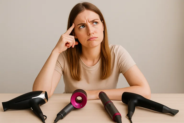 Femme hésitante devant quatre sèche-cheveux posés sur une table : GHD Helios, Dyson Supersonic r, Dyson Airwrap et Remington One