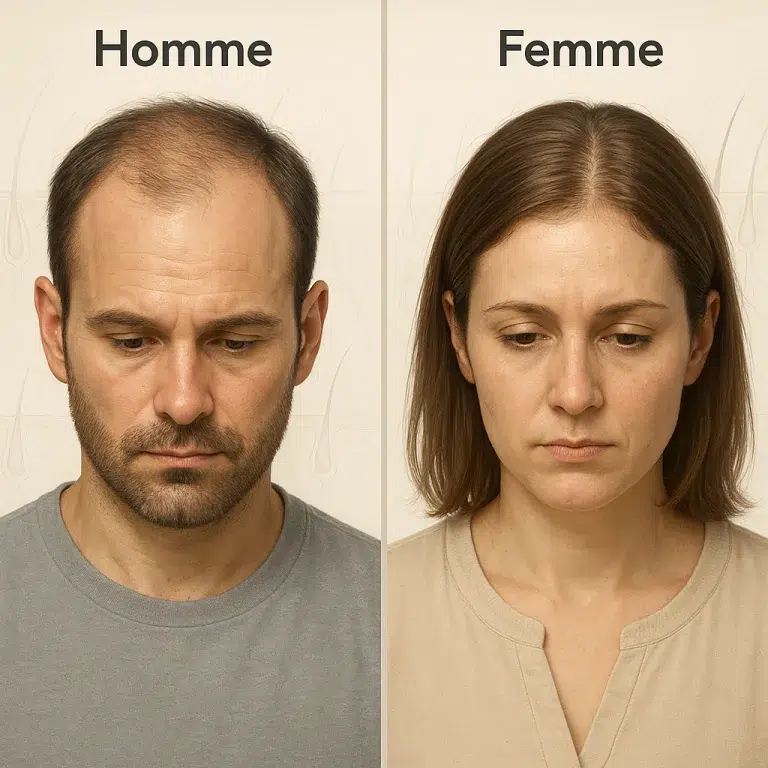homme et femme avec chute de cheveux visible — alopécie androgénétique comparée