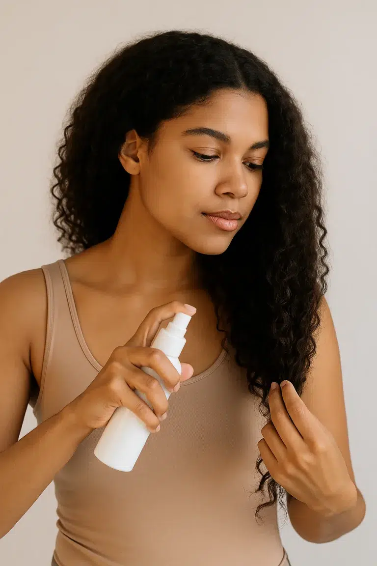 Femme appliquant un soin sans rinçage sur ses cheveux bouclés après le lavage