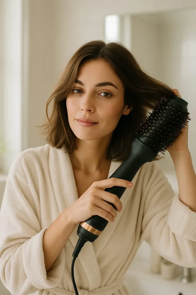 Femme qui réalise un brushing avec une brosse soufflante