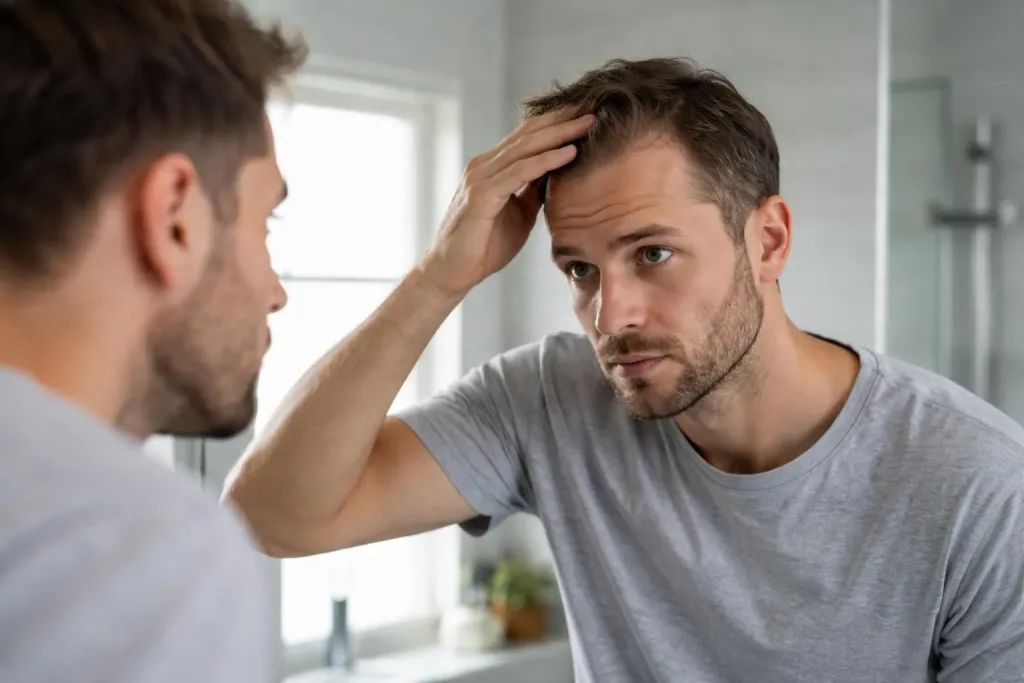 Homme qui observe sa ligne frontale dans un miroir