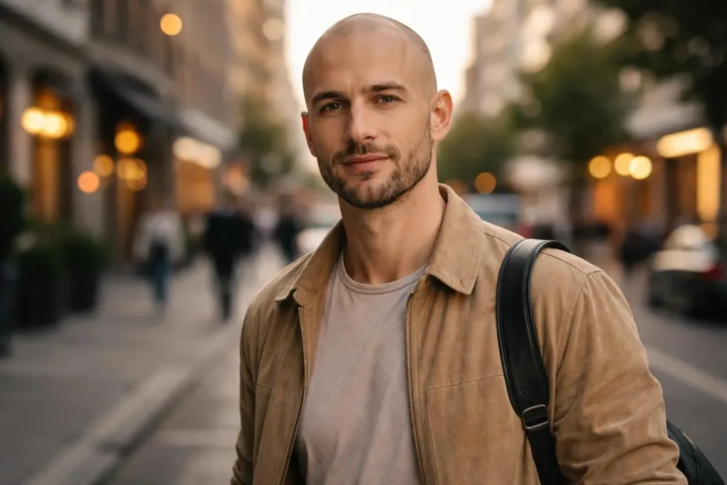 Homme au crâne rasé, souriant, dans la rue