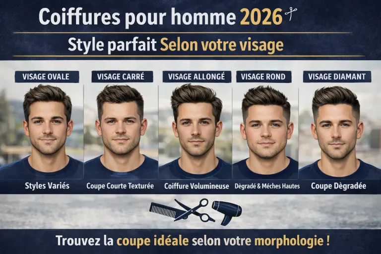 Coiffures pour homme 2026 adaptées à chaque type de visage, avec styles modernes et coupes tendances présentées en photo réaliste paysage