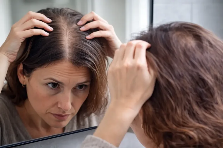 Vue rapprochée d'une femme soulevant ses cheveux pour observer une perte de densité au niveau de la raie médiane
