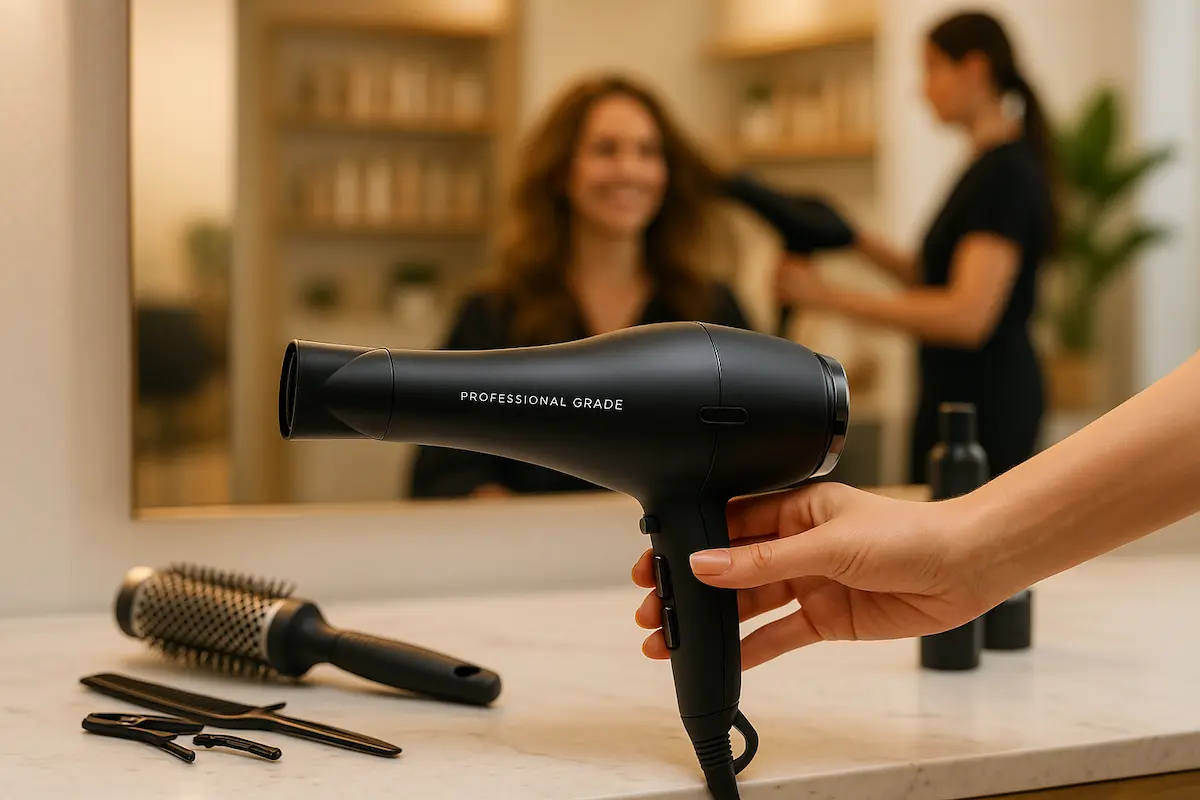 Un sèche-cheveux professionnel noir mat sur un comptoir de salon, tenu par une main féminine, avec une cliente souriante en arrière-plan