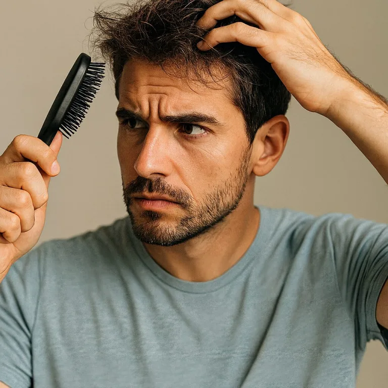 Portrait rapproché d’un homme préoccupé observant la texture sèche de ses cheveux, lumière naturelle, ambiance réaliste et intimiste