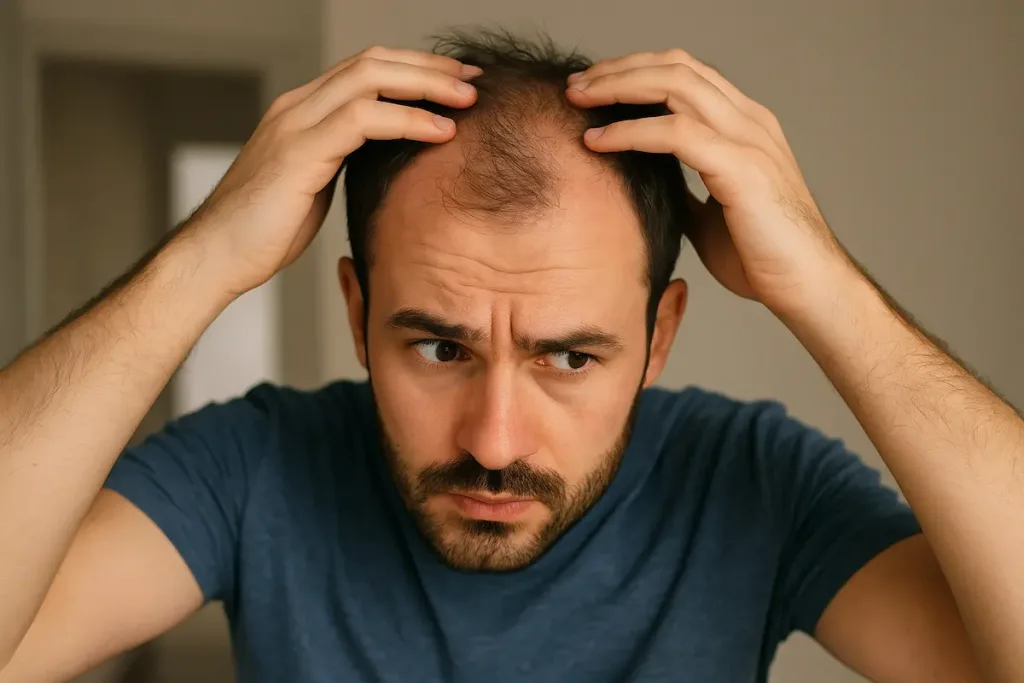Homme dans la trentaine observant avec attention son cuir chevelu dégarnissant, les mains dans les cheveux, lumière naturelle.