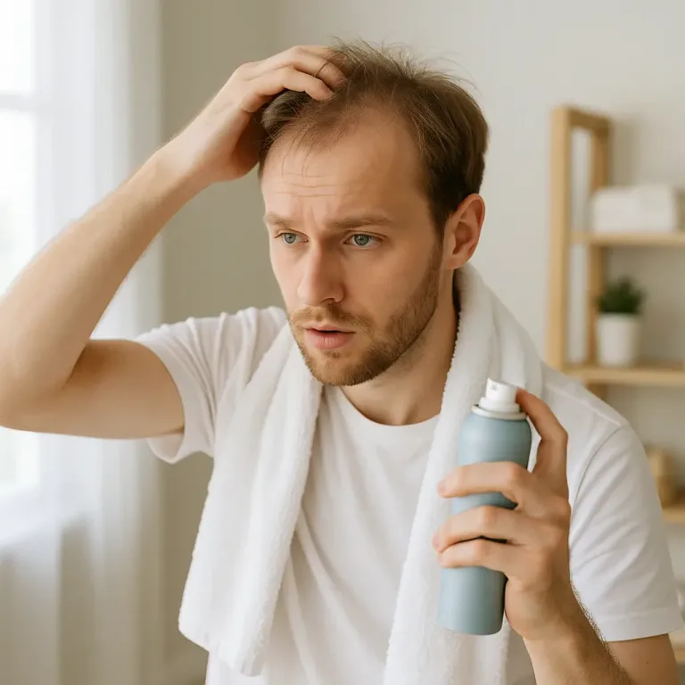 Jeune homme concentré sur sa routine capillaire, appliquant un soin volumateur sur ses cheveux fins dans une salle de bain moderne.
