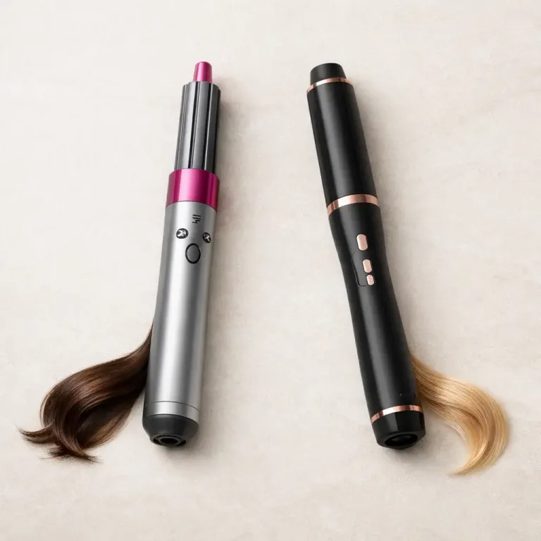 Comparatif Dyson Airwrap vs Babyliss Air Wand – deux appareils coiffants haut de gamme posés sur fond beige minimaliste avec mèches de cheveux brune et blonde