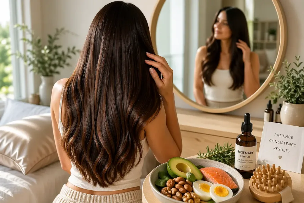 femme-cheveux-longs-brillants-routine-croissance-capillaire-huile-romarin-alimentation-saine