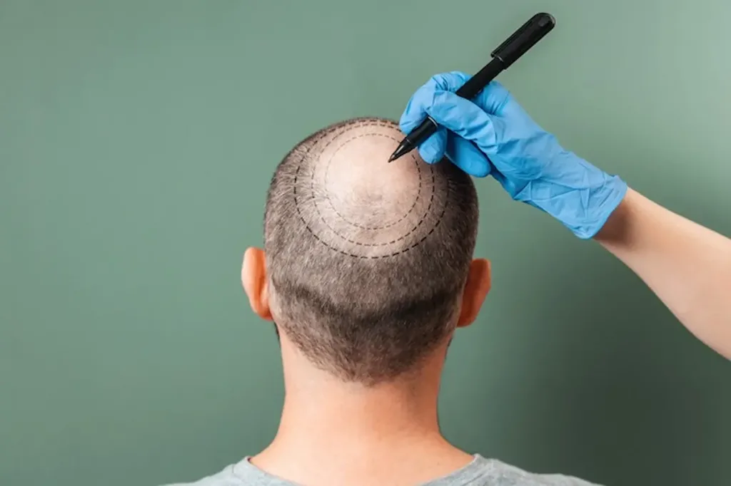 Spécialiste capillaire traçant la zone de greffe sur le cuir chevelu d’un homme avant une greffe de cheveux à Paris.