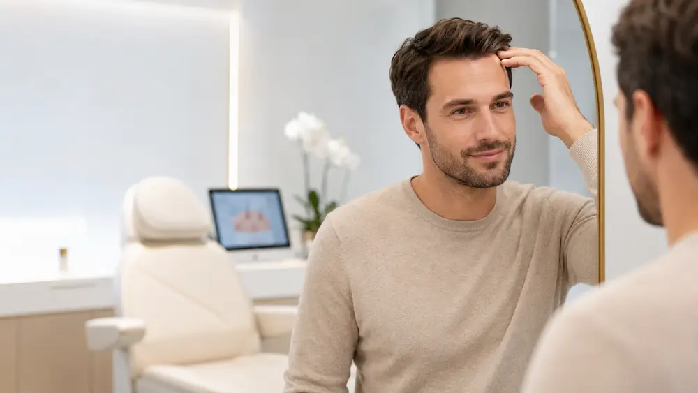 Homme confiant observant sa ligne capillaire dans un miroir après une greffe de cheveux dans un cabinet esthétique moderne
