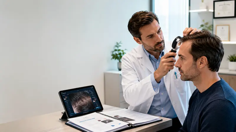 Médecin spécialiste réalisant un diagnostic capillaire approfondi avant une greffe de cheveux dans un centre médical spécialisé en France.