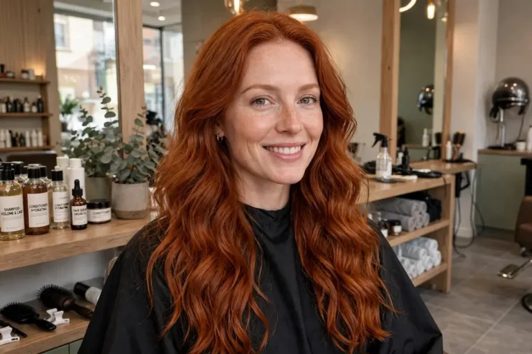 Femme aux longs cheveux roux ondulés souriant dans un salon de coiffure.