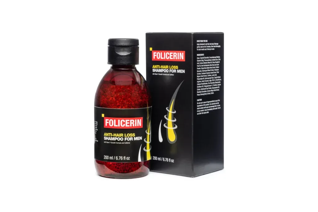 Flacon et boîte du shampooing anti-chute Folicerin pour homme, 200 ml