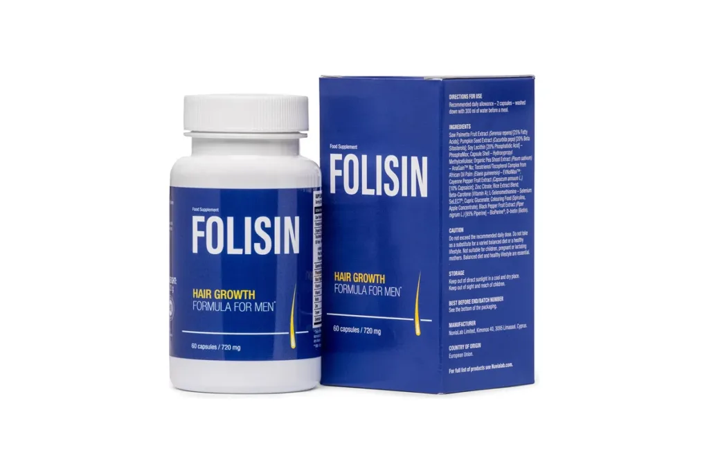 Pilulier et boîte du complément alimentaire Folisin pour homme, 60 gélules