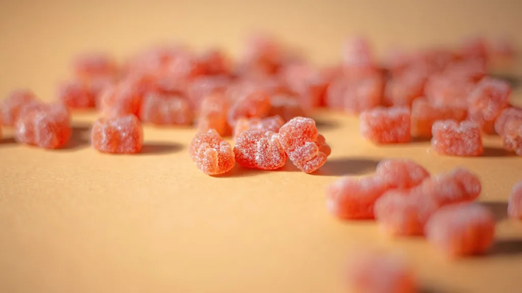 Gummies vitaminés à mâcher posés sur un fond orangé