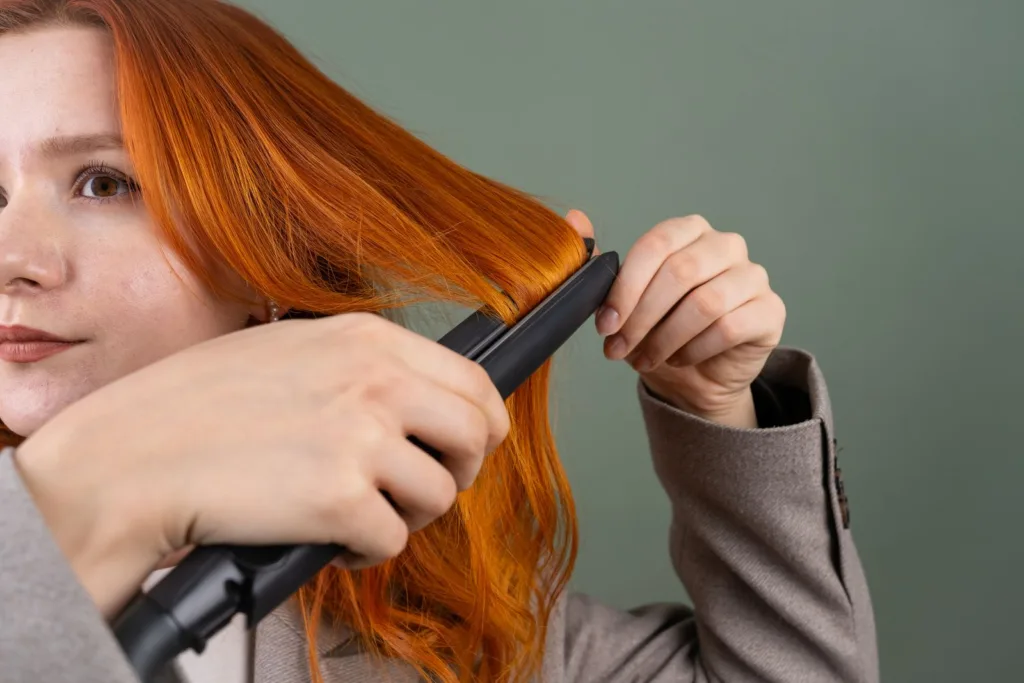 Femme lissant ses cheveux roux mèche par mèche avec un lisseur