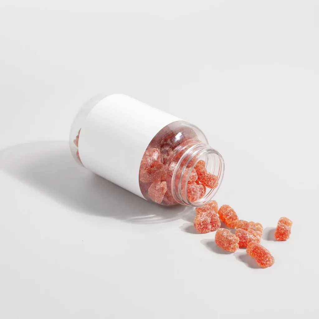 Pot de gummies renversé sur une table blanche
