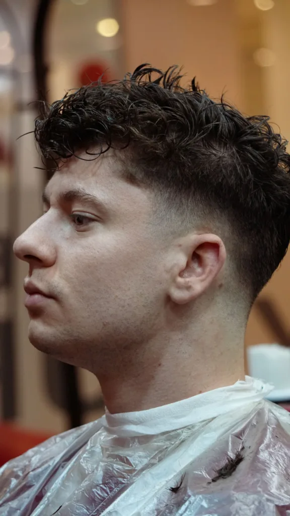 Jeune homme aux cheveux bouclés avec un taper fade sur les tempes, chez le barbier